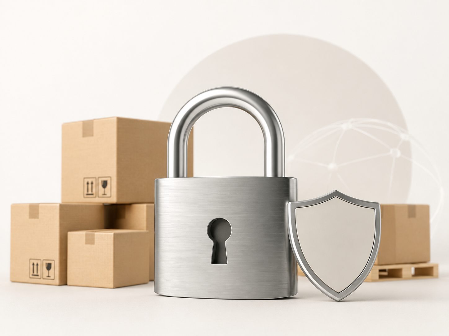 A brushed-metal padlock and protective shield in front of stacked cardboard shipping boxes on a pallet, representing brand-safe, secure handling of inventory