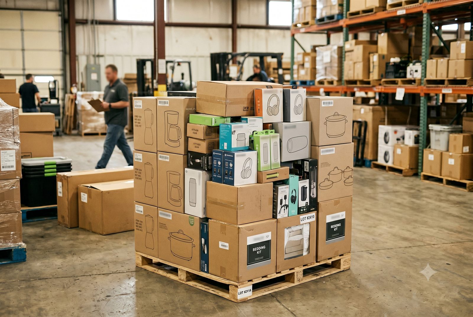 A vetted closeout lot on a pallet — mixed retail goods including small appliances, headphones, and bedding kits with lot labels — in a warehouse