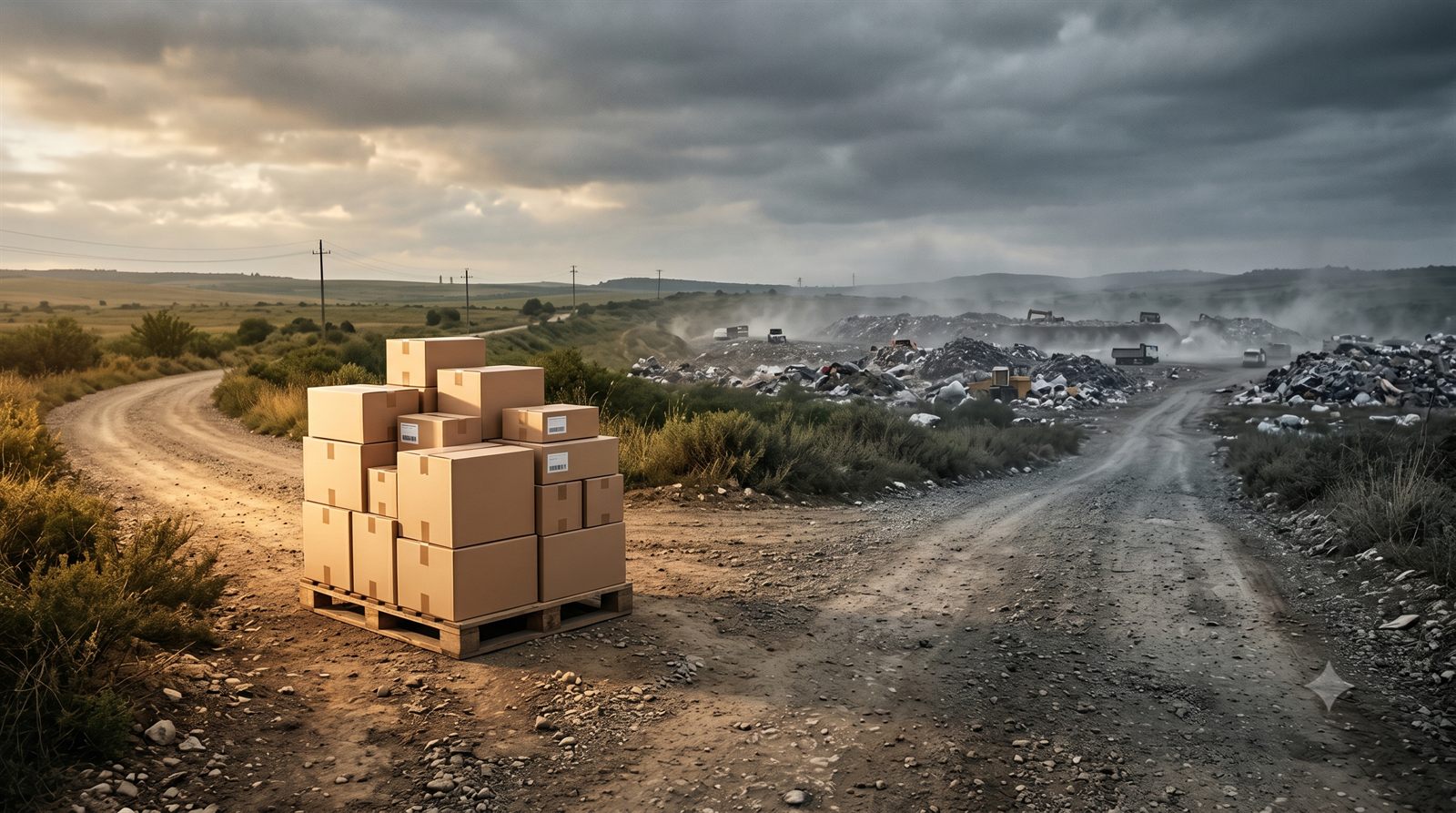 A pallet of boxes at a fork in a dirt road — one path leading toward open green fields, the other toward a smoking landfill — illustrating recovery first, landfill last