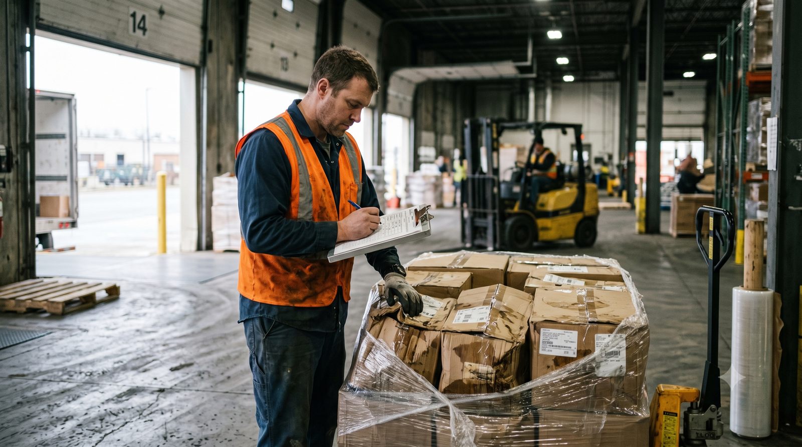 A 144 Asset Solutions operator in a hi-vis vest documenting a shrink-wrapped pallet of boxes on a warehouse loading dock, with a forklift working in the background