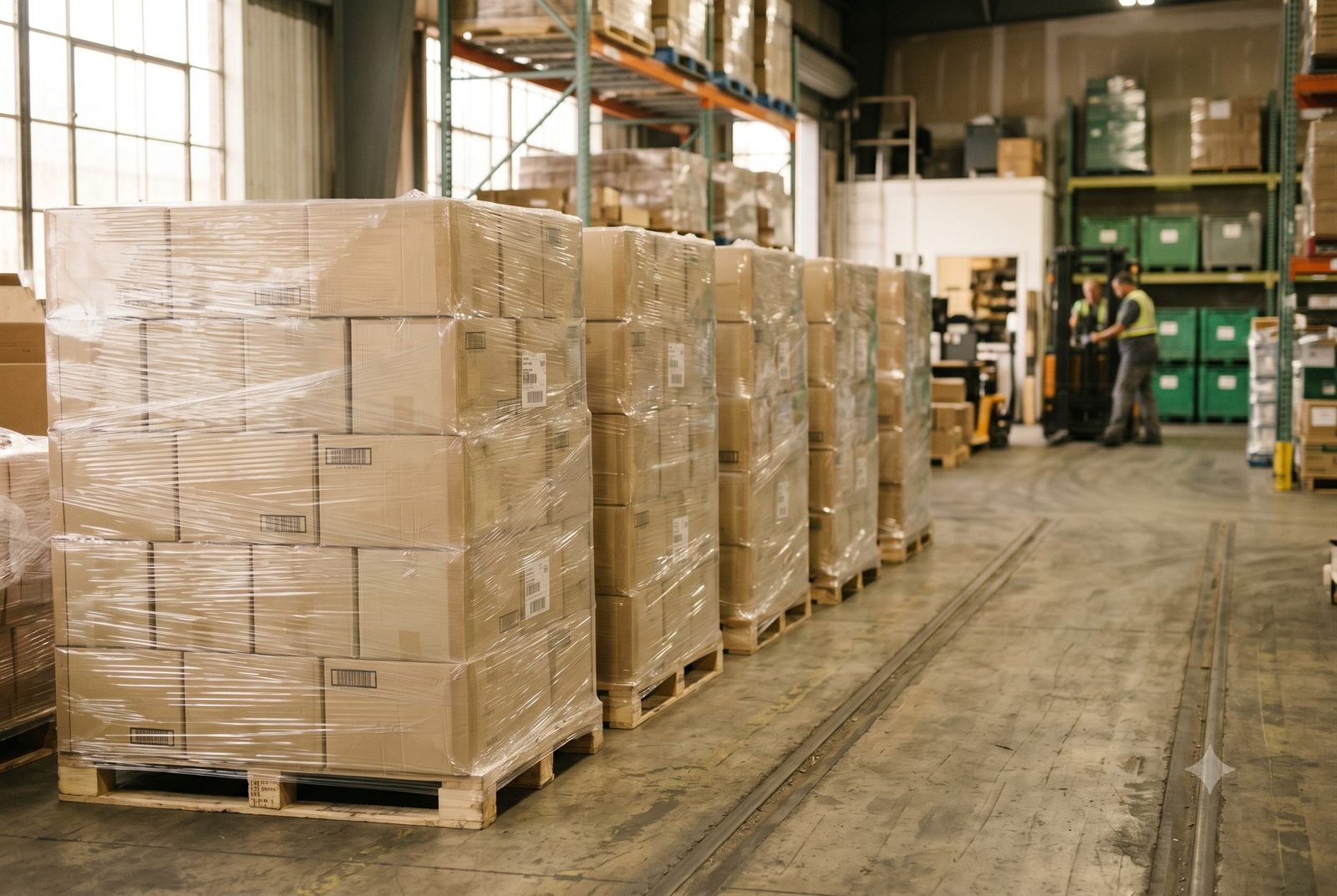 A row of shrink-wrapped pallets of boxed overstock staged in a warehouse, ready to move, with workers and a forklift in the background